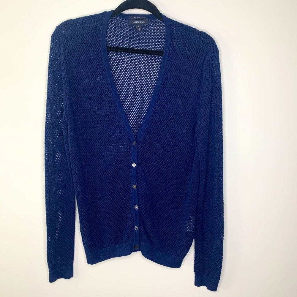 Lands End 100% Supina Cotton Blue Mesh‎ Cardigan Sz M